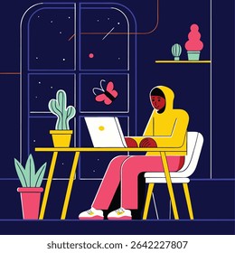 Cozy nighttime home office vector – remote worker with laptop, indoor plants, warm lighting, modern workspace illustration.