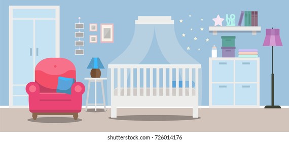 Cozy Nursery Interior, Baby Boy's Room, Flat Style Vector Illustration Template