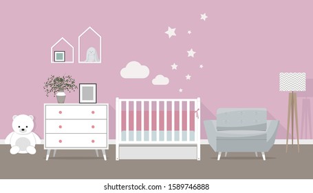 Cozy Nursery interior, baby girl's room. Vector illustration in flat style.