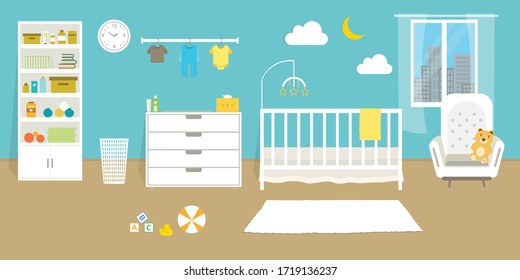 Cozy Nursery interior, baby room, flat style vector illustration template