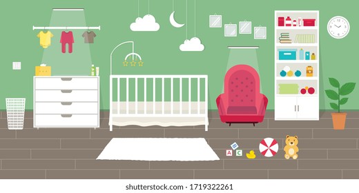Cozy Nursery interior, baby room, flat style vector illustration template