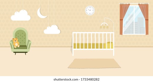 Cozy Nursery interior, baby room, flat style vector illustration template