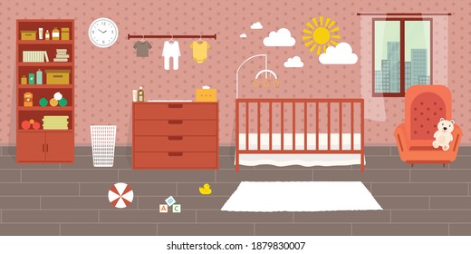 Cozy Nursery interior, baby room, flat style vector illustration template