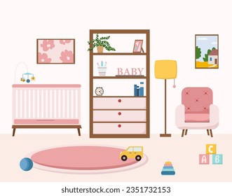 Cozy nursery interior with furniture such as crib, armchair, toys, rug in modern style flat vector illustration.