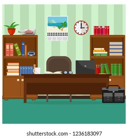 Cozy office with a Desk, laptop, bookcases and books. Vector illustration on the theme of the workplace interior.