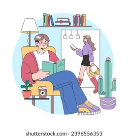 Cozy office reading nook concept. Man engrossed in a book amidst serene ambiance, while colleague walks by with phone. Plush seating, books, and cactus decor. Flat vector illustration.