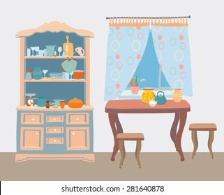 The cozy old kitchen with table, stools, window curtains, cupboards with a lot of kitchen utensils. Editable Vector illustration.