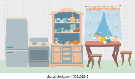 The cozy old kitchen with table, stools, window, fridge, stove, cupboards with a lot of kitchen utensils. Editable Vector illustration.