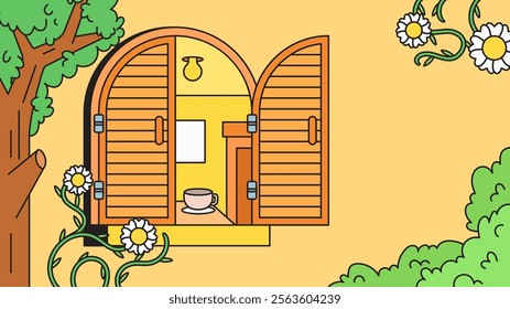 Cozy open shutter window seeing inside room with floral surrounding outsides room background illustration in cartoon hand drawn