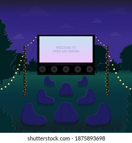 Cozy open-air cinema in the evening. Beautiful glowing garlands. Cozy bean bag chairs. Car cinema with a large screen in the park. Vector illustration.