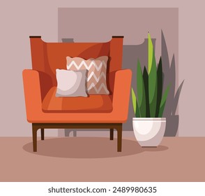 Cozy orange armchair with cushion pillow set and flower in pot.