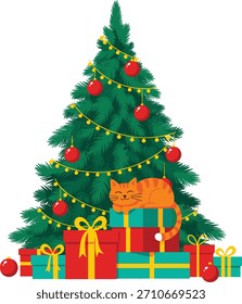 Un acogedor gato de rayas naranjas está durmiendo en una pila de regalos de Navidad bajo un árbol festivo.