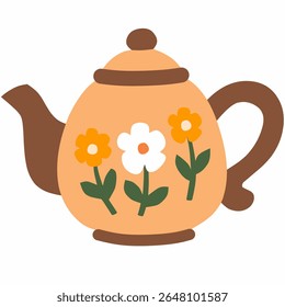 Bule laranja acolhedor com margaridas brancas e flores amarelas. Design floral brilhante e encantador perfeito para arte alegre sazonal.