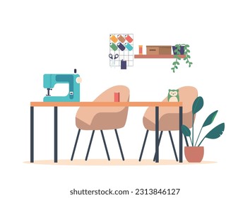 Cozy, Organized, And Filled With Sewing Machines, And Crafting Supplies. Sewing Studio Interior, Vector Illustration