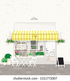 A cozy outdoor cafe with coffee tables and chairs in front of a shop window against a white brick wall with flowering plants. Vector flat illustration.