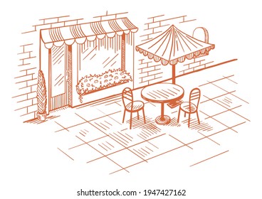 Cozy outdoor cafe in the open air. A table with a chairs. Hand drawn sketch. Vintage style. Color vector illustration.