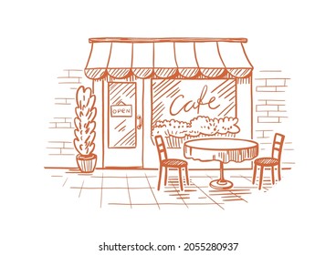 Cozy outdoor cafe in the open air. A table with a chairs. Hand drawn sketch. Vintage style. Black and white vector illustration isolated on white background.