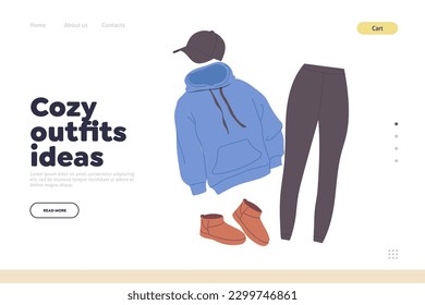 Cozy outfit ideas landing page design template with trendy warm seasonal outwear for cold weather