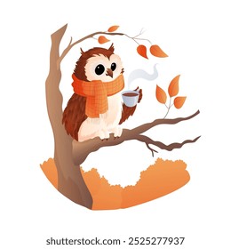 Cozy Owl Holding Hot Beverage on Tree Branch Vector Illustration