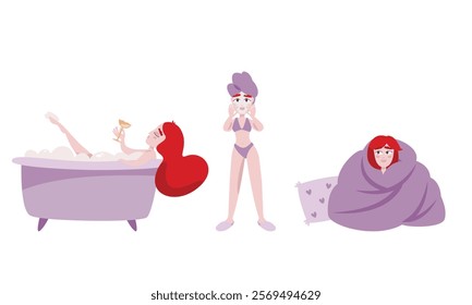 Cozy pastime of young woman. Character in different poses.