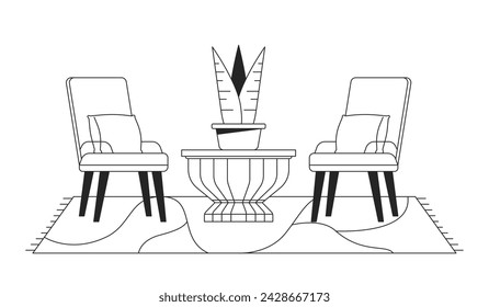 Cozy patio seating furniture black and white 2D line cartoon object. Two chairs flowerpot isolated vector outline item. Carpet floor covering under armchairs monochromatic flat spot illustration