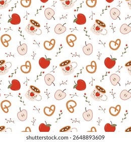 Cozy pattern with apples, tea and pretzel, berries. Food, cooking, kitchen