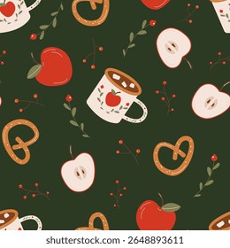Cozy pattern with apples, tea and pretzel, berries. Food, cooking, kitchen