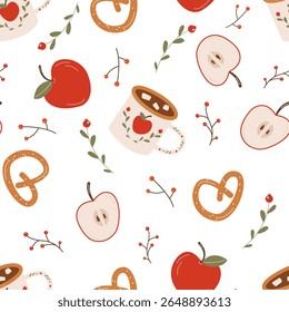 Cozy pattern with apples, tea and pretzel, berries. Food, cooking, kitchen