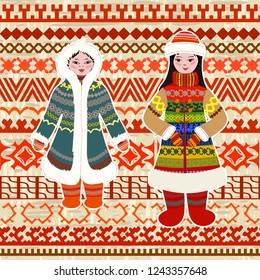 cozy pattern with application of northern women in ethnic costumes for your design of pillow 