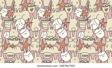 Cozy pattern with cocoa, mugs, and bunnies. Perfect for packaging, textiles, and stationery. Creates a warm and cozy atmosphere.Seamless pattern featuring cocoa, mugs, and bunniesю 