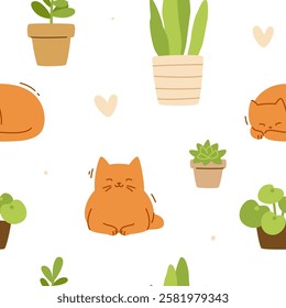 Cozy pattern with domestic cats and plants. Seamless vector print with pets and flower pots.