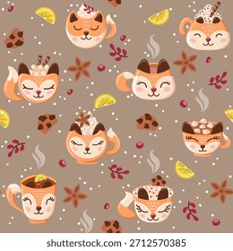 Padrão acolhedor com canecas foxy de café e chá com biscoitos, limão, bagas, canela e marshmellows. Ilustração vetorial.