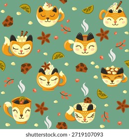 Patrón acogedor con tazas de zorro de café y té con galletas, limón, bayas, canela y marshmellows. Ilustración vectorial.