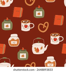 Um padrão acolhedor com um notebook, velas, uma chaleira, uma caneca. Objetos, comida, bebida