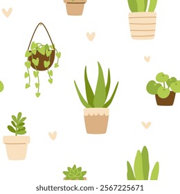 Cozy pattern with potted plants. Seamless vector doodle floral print with flowerpots.