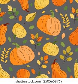 Cozy pattern of pumpkins and autumn leaves. Vector seamless pattern on gray background.