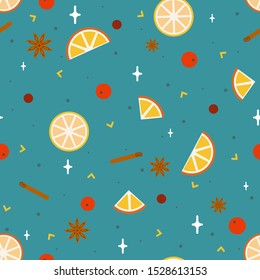 Cozy pattern with slices of lemons and oranges, cinnamon, anise, berries. Cartoon flat style. Vector.