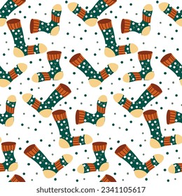 Cozy pattern with striped socks on a white background. Cozy autumn socks. Warm delicate print, children's cartoon texture. Suitable for printed products on paper and textiles