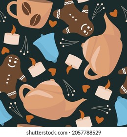 cozy pattern with teapots cups candles and gingerbread mans 