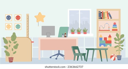 Cozy pediatrician office essentials vector illustration. Doctor desk with computer and medicine, play area with toys and books for children. Child-friendly health care, medicine concept