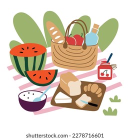 Cozy picnic composition, hand drawn scene with food on blanket, picnic basket with snacks outside, doodle icons, watermelon, bread, cheese, vector illustrations of summer meal outdoors, wicker basket