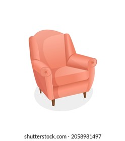 Cozy pink armchair on an isolated white background. Vector illustration of a home chair for the interior. Modern furniture for living room, bedroom, lobby. Icon, element.
