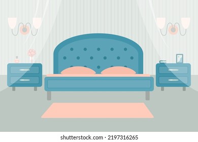 Cozy pink bedroom on grey background. Cartoon flat style. Home interior concept. Vector illustration
