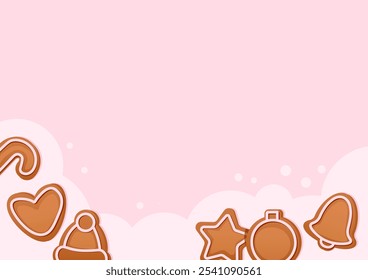 Cozy pink festive background with gingerbread and flour for Christmas