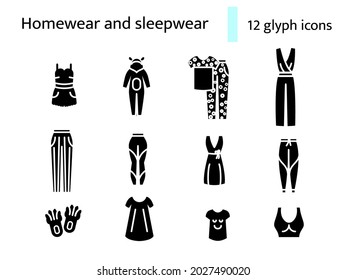 Cozy pink homewear and sleepwear glyph icons set. Comfortable clothes. Nightshirt and nightie, pajama. Black filled symbols collection. Isolated vector stock illustration