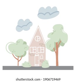 Cozy pink house. Urban architecture in flat cartoon style. Illustration design template isolated on white background.