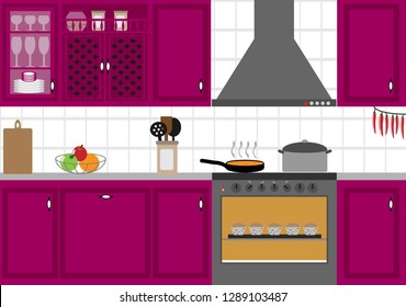 Cozy pink kitchen vector. Kitchen furniture, stove, ventilation, pots, frying pan. Homemade cookies in a jar, red pepper, fruit. Design of modern kitchen.