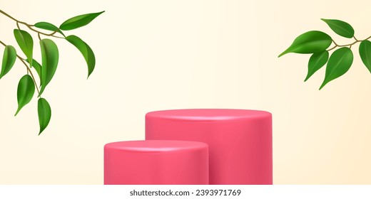 Cozy pink platform podium for product exhibition, two minimalistic display on different level, leaf ornament, modern stage, empty mock up copy space, pedestal for cosmetic. Vector illustration