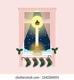 cozy pink room window with pink curtains, full moon and dark blue sky behind the glass, snowing outside, stocking, candelabrum and jingle bell decoration