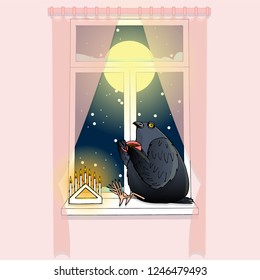 cozy pink room window with pink curtains, full moon and dark blue sky behind the glass, snowing outside, big fat pigeon is drinking tea sitting on window